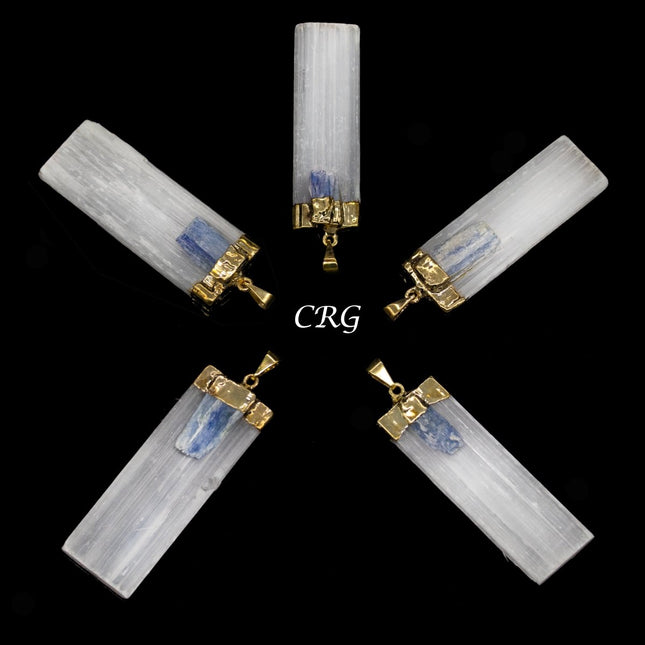 Selenite Blade Pendant with Blue Kyanite Piece and Gold Plating (4 Pieces) Size 2 to 2.5 Inches Crystal Jewelry Charm
