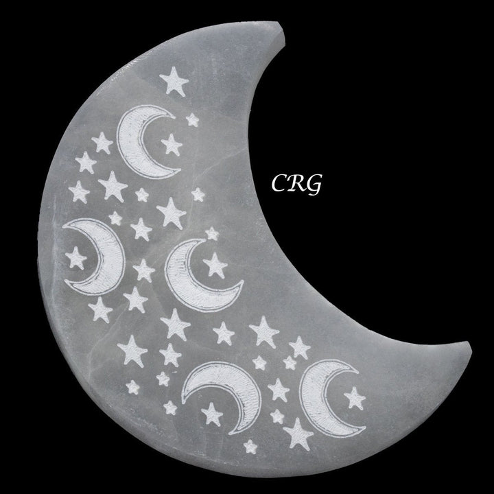 Selenite Crescent Moon Plate with Moon and Star Engravings (1 Piece) Size 10 cm Crystal Gemstone Slab
