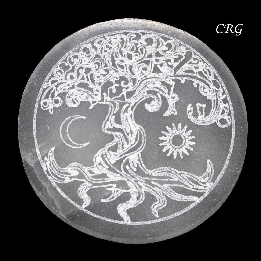 Selenite Engraved Tree of Life Plate (1 Piece) Size 4 Inches Crystal Gemstone Decor