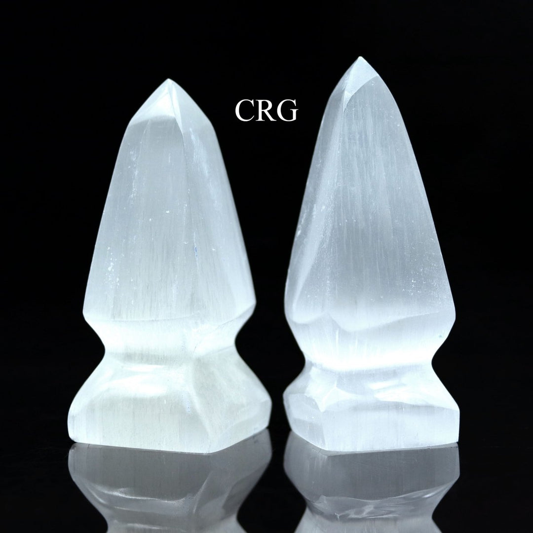 Selenite Hand - Carved Obelisk Tower with Square Base (4 Pieces) Size 3.5 to 4 Inches Crystal Gemstone PointCrystal River Gems