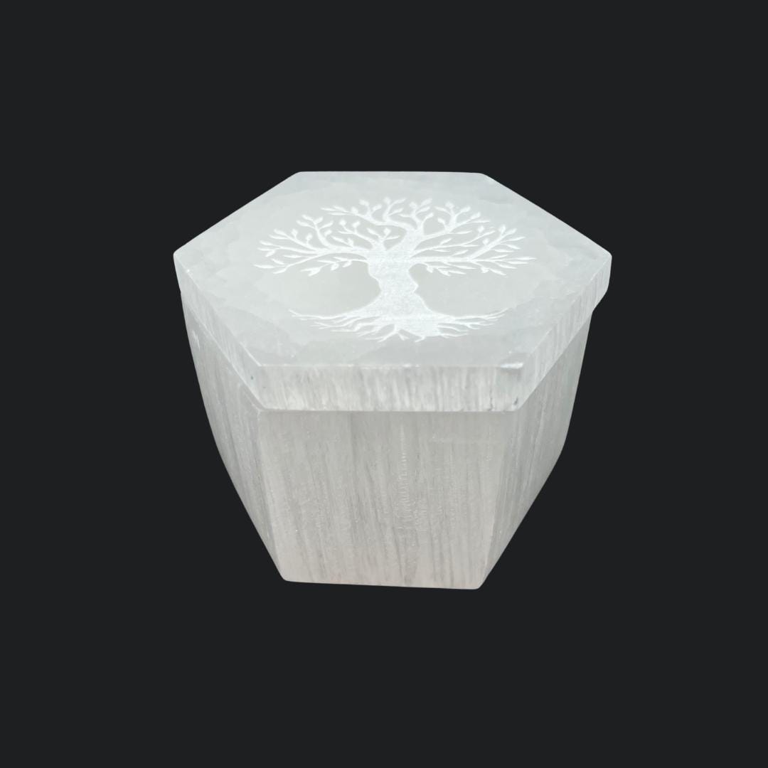 Selenite Hex Box With Tree of Life Carved on LidCrystal River Gems