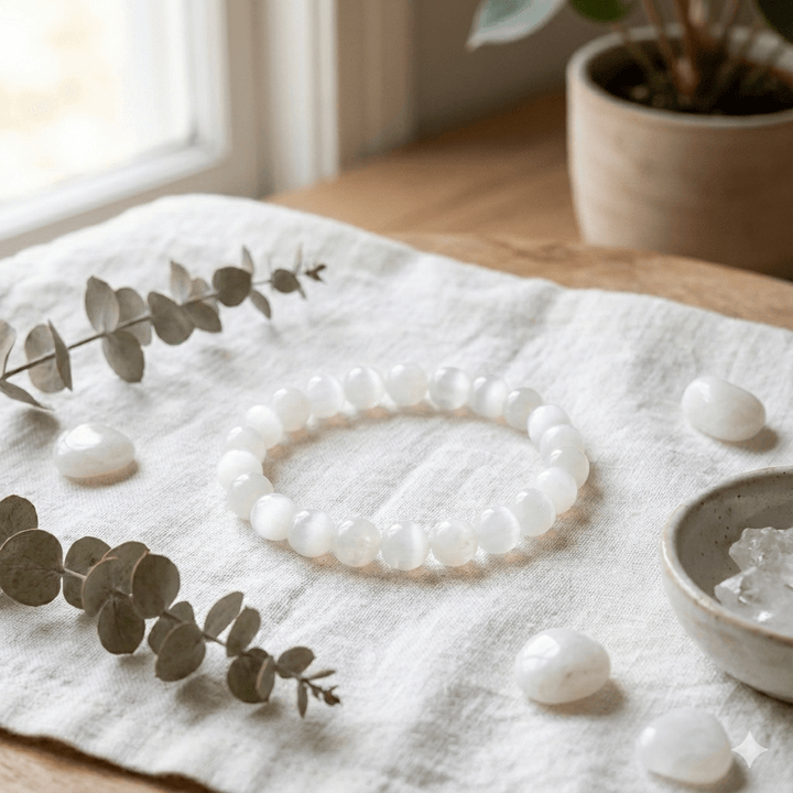 Selenite Round Bead Stretch Bracelet (8 mm)Crystal River Gems