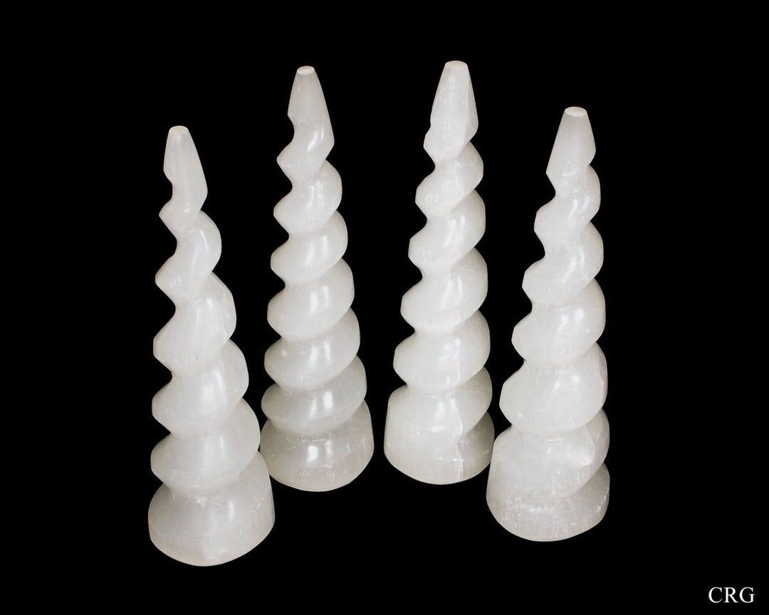 Selenite Spiral Tower (1 Piece) Size 4 Inches Carved Crystal Point