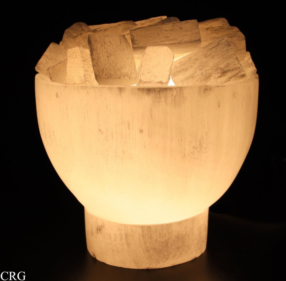 Selenite White "Fire Bowl" Lamp with Cord and Bulb (1 Piece) Size 6 to 8 by 4 Inches Crystal Gemstone Decor