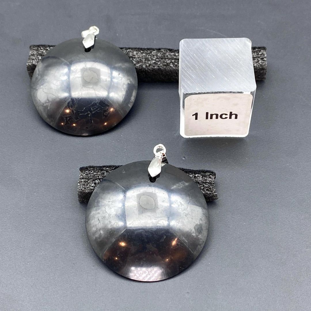 Shungite Polished Flat Back Dome Silver PendantCrystal River Gems