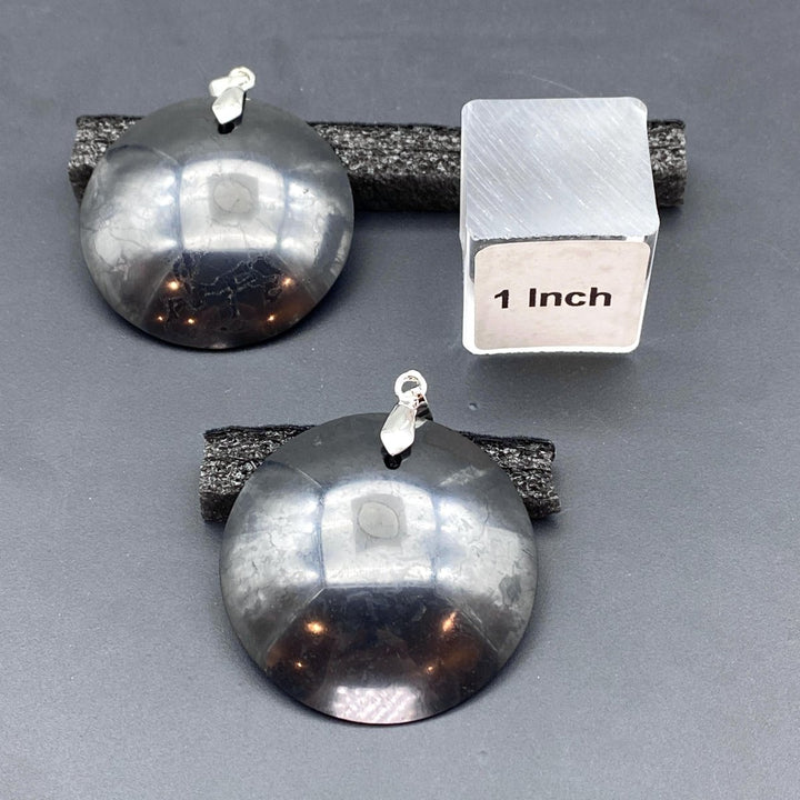 Shungite Polished Flat Back Dome Silver PendantCrystal River Gems