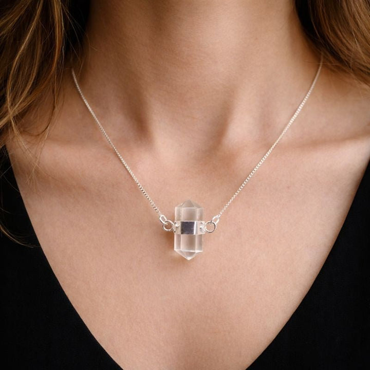 Silver Plated Mini Bi - Terminated Crystal Quartz NecklaceCrystal River Gems