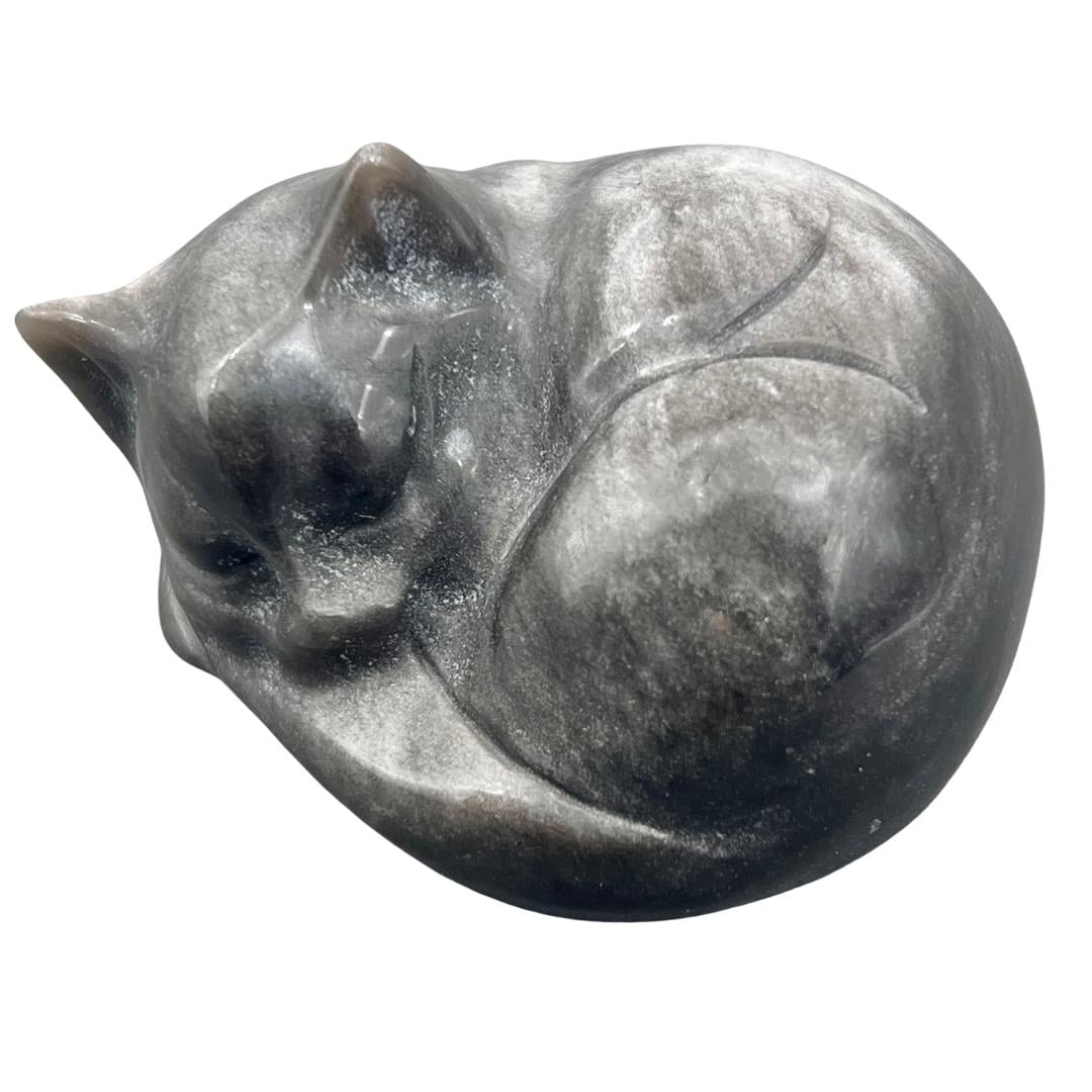 Silver Sheen Obsidian Sleeping Cat Carving (1 Piece)Crystal River Gems