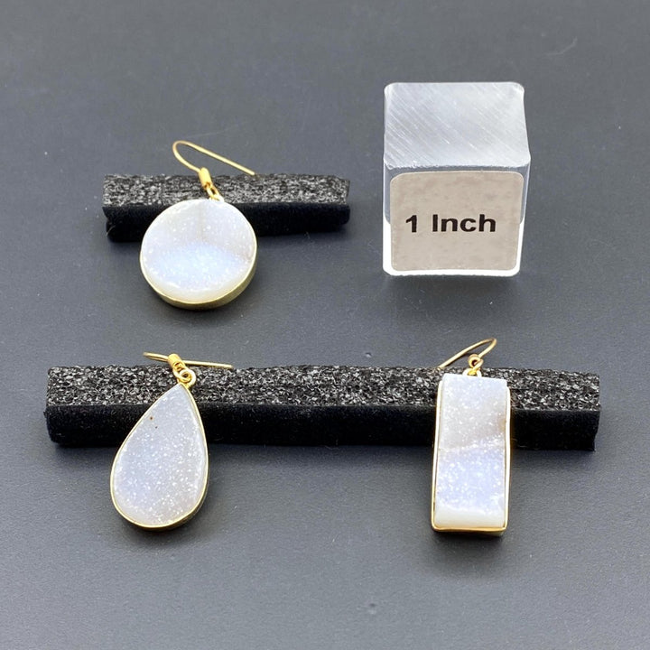 Snow Quartz Druzy Mixed Shape Gold EarringsCrystal River Gems