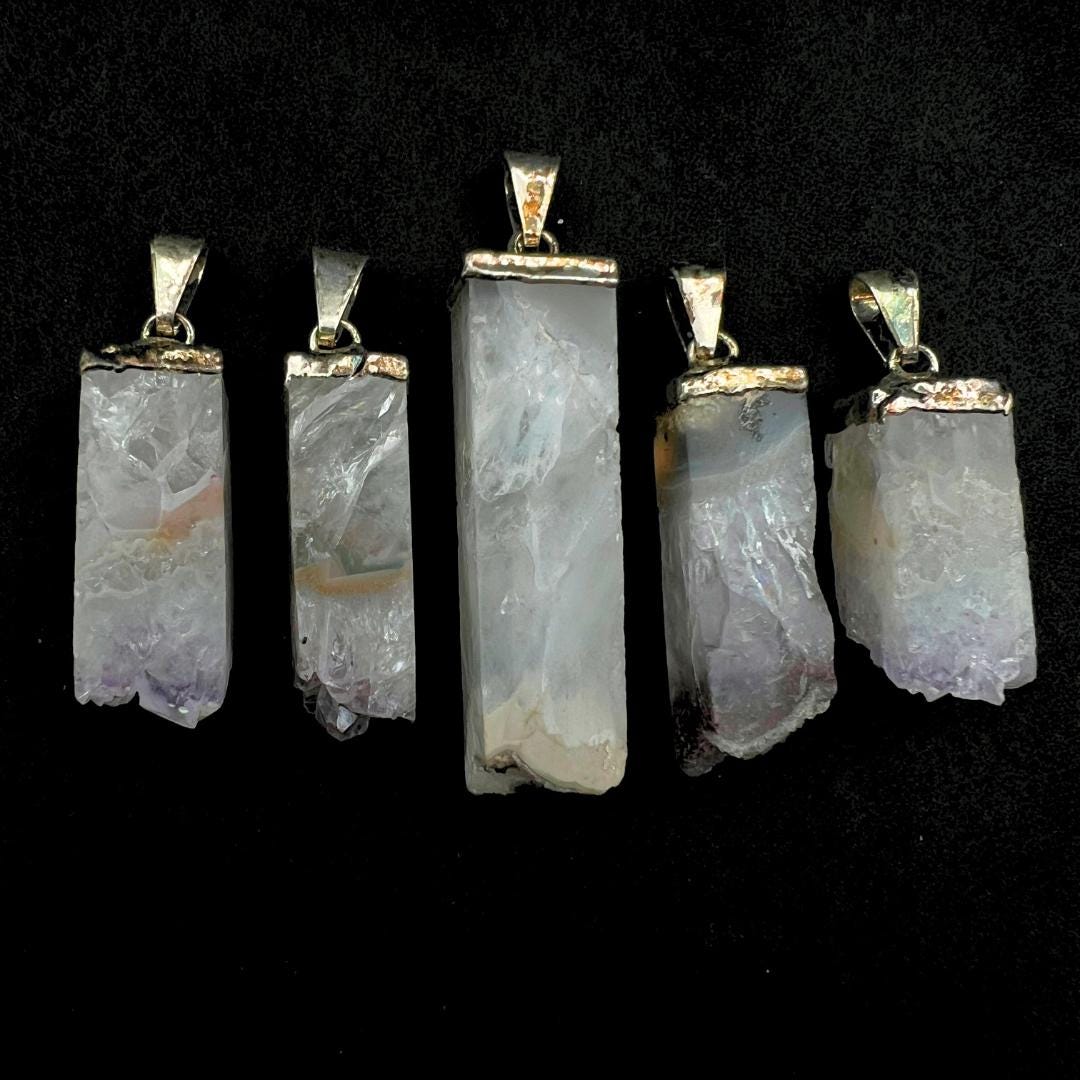 Tall Amethyst Druzy Crystal Slice Silver PendantCrystal River Gems