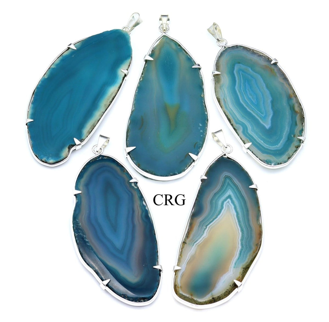 Teal Agate Slice Pendant in Silver Plated Prong Setting (1.5 To 2 Inches) (4 Pieces)Crystal River Gems