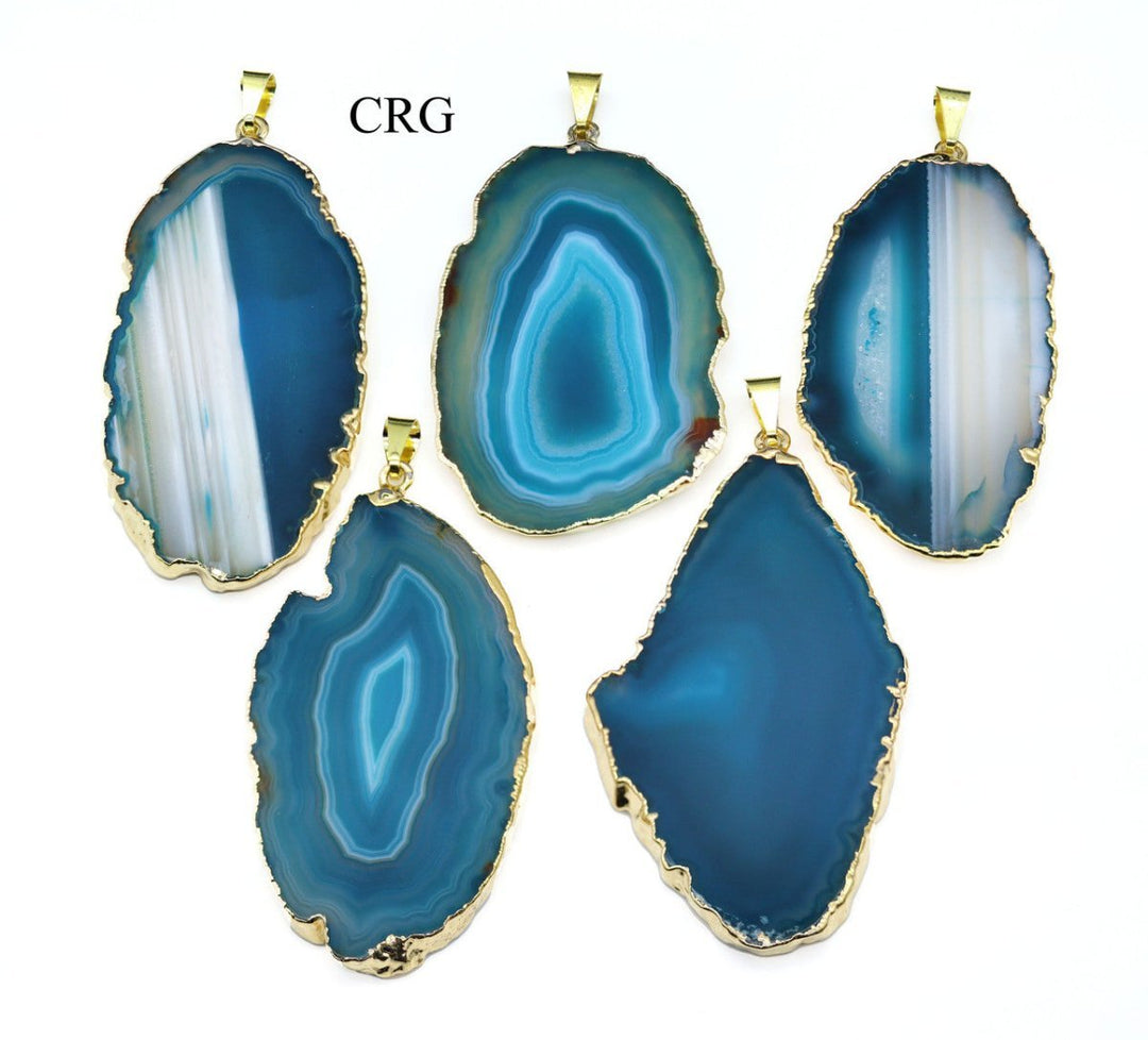 Teal Agate Slice Pendant with Gold Plating (4 Pieces) Size 2 to 3 Inches Crystal Jewelry Charm
