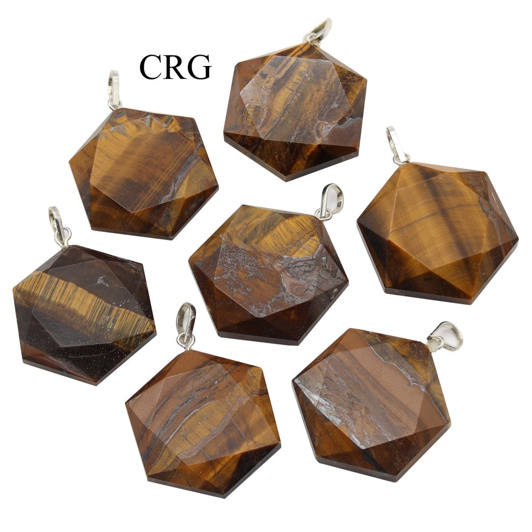 Tiger's Eye Faceted Hexagon Pendant with Silver Bail (4 Pieces) Size 1 Inch Crystal Jewelry Charm