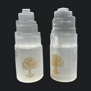 Tree of Life Selenite Skyscraper Tower Lamp with Bulb and Cord (1 Piece)
