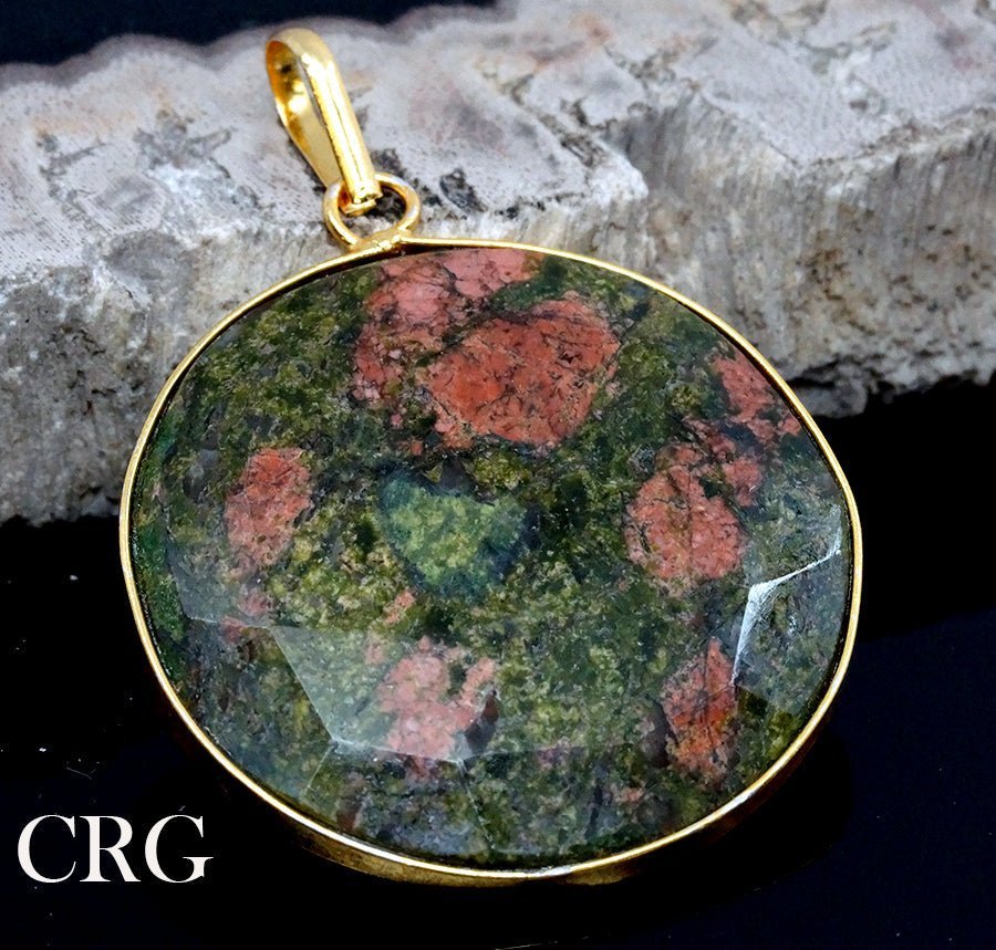 Unakite Faceted Round Pendant with Gold Plating (1 Piece) Size 1.5 to 2.5 Inches Large Crystal Jewelry Charm