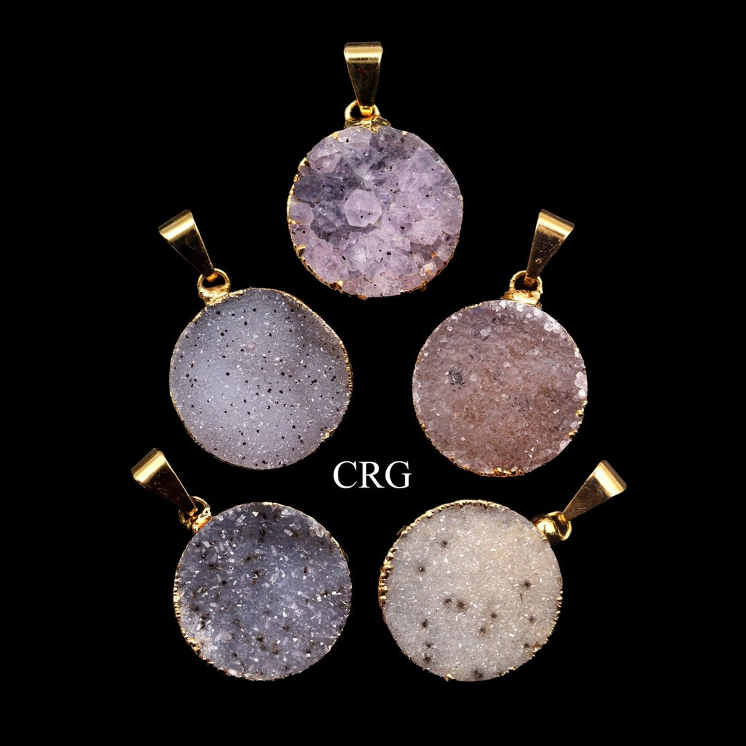 Uruguayan Crystal Druzy Round Pendant with Gold Plating (1 Piece) Size 1 Inch Gemstone Jewelry Charm