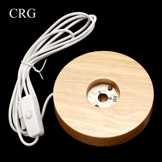 Wood Base Round White LED Display Light with USB Plug (1 Piece) Size 4 Inches DecorCrystal River Gems