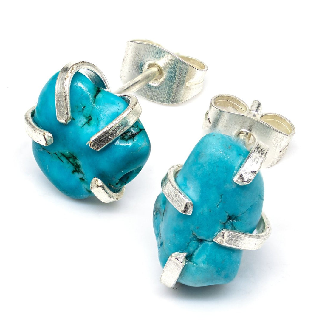 Raw Turquoise Stud Earrings with Silver Plating / 6mm AVG - 1 PAIR