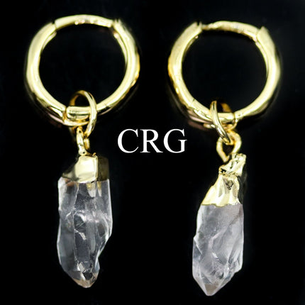 1 PAIR - Quartz Crystal Point Hoop Earrings / Gold Plated - Crystal River Gems