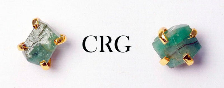 1 - Pair - Raw Natural Emerald Gold Plated Earring Studs / 9 - 12 MMCrystal River Gems