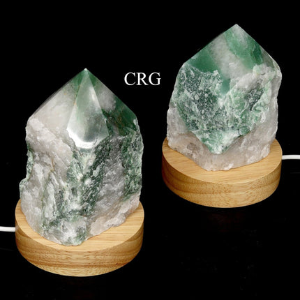 1 SET - Mini Green And White Quartz Top Polished Point Lamp W/ 3" Wooden Color Changing Light Base