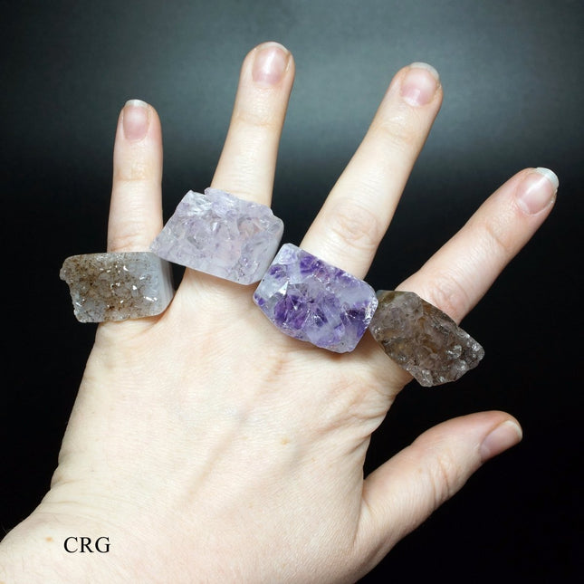 5 PIECE LOT - Natural Amethyst and Mixed Druzy Agate Rings - Crystal River Gems