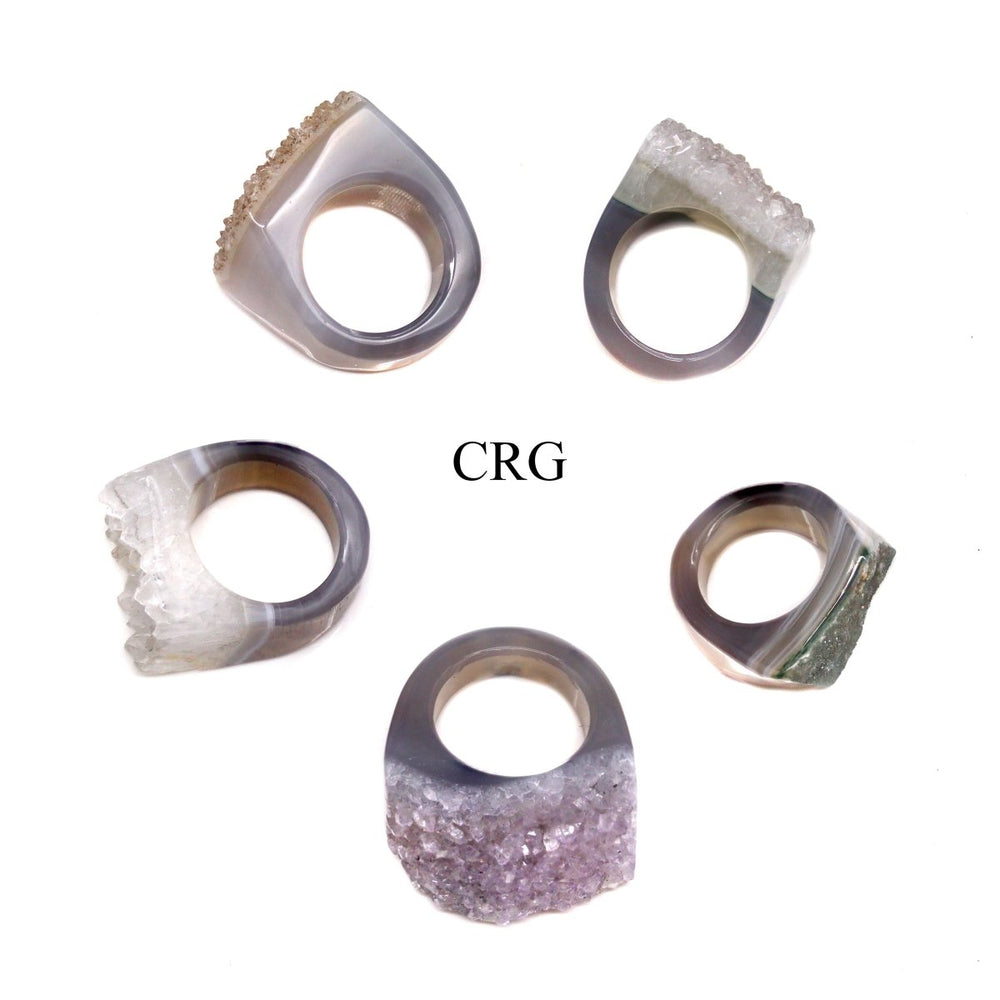 Amethyst and Druzy Agate Rings (5 Pieces) Mixed Sizes Crystal Gemstone JewelryCrystal River Gems