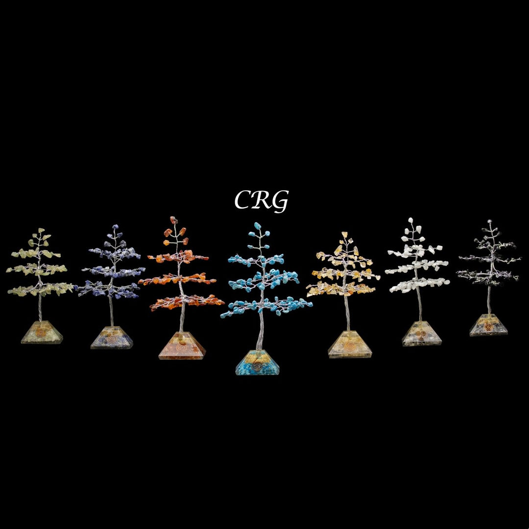 7 Stone 100 Chip Trees with Orgone Pyramid Bases and Silver Wire (7 Pieces) Size 7 Inches Gemstone Trees