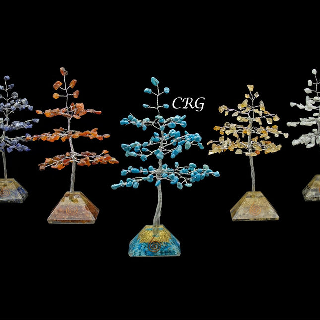 7 Stone 100 Chip Trees with Orgone Pyramid Bases and Silver Wire (7 Pieces) Size 7 Inches Gemstone Trees - Crystal River Gems