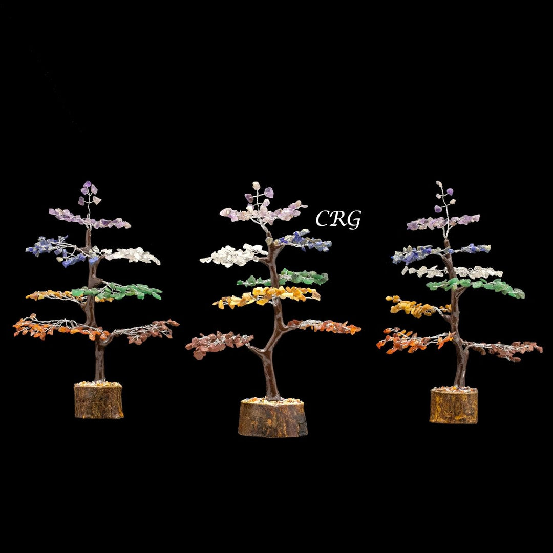 7 Stone 300 Chip Tree with Wood Base and Silver Wire (1 Piece) Size 9 Inches Crystal Gemstone Tree