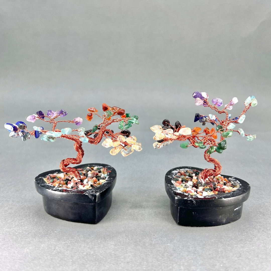 7 Stone Large Gemstone Tree Copper Wire On Soapstone Base (5 To 6 Inches) (Set Of 2) Crystal Chip Style Decorative Display