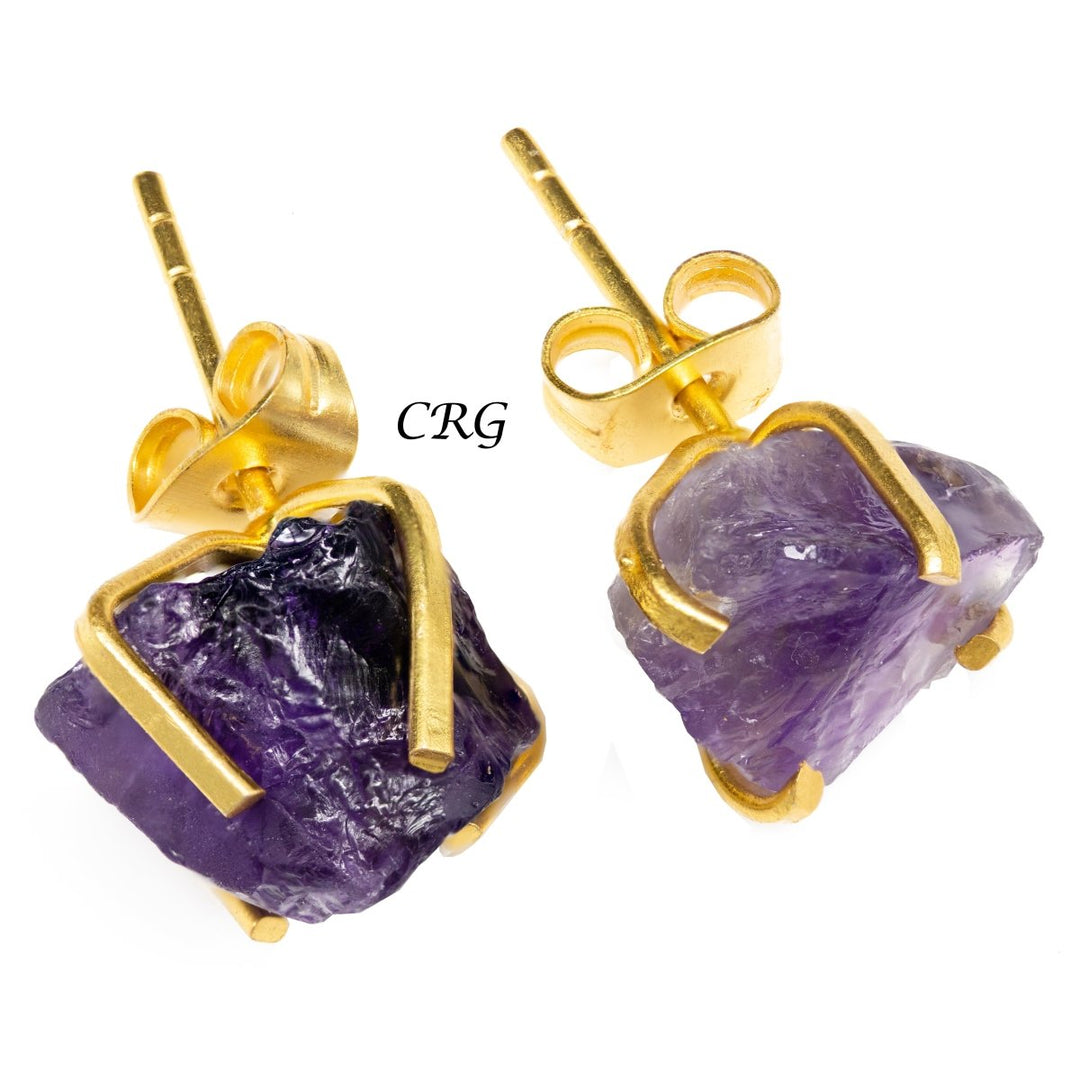 Raw Amethyst Stud Earrings with Gold Plating / 6mm AVG - 1 PAIRCrystal River Gems