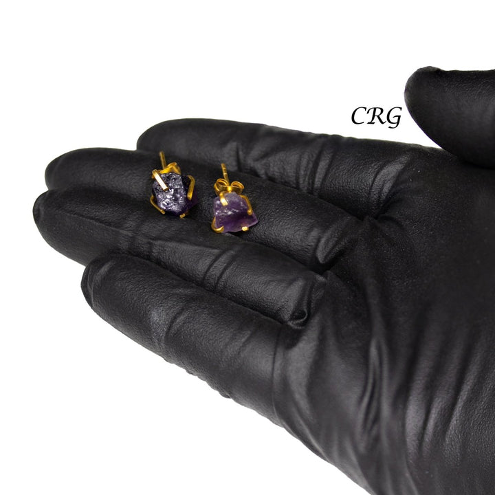 Raw Amethyst Stud Earrings with Gold Plating / 6mm AVG - 1 PAIRCrystal River Gems