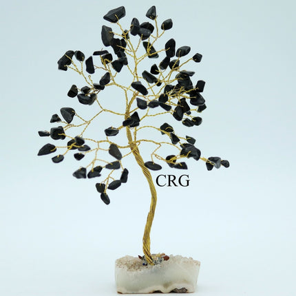 Black Tourmaline Tree On Crystal Cluster w/ Gold Wire