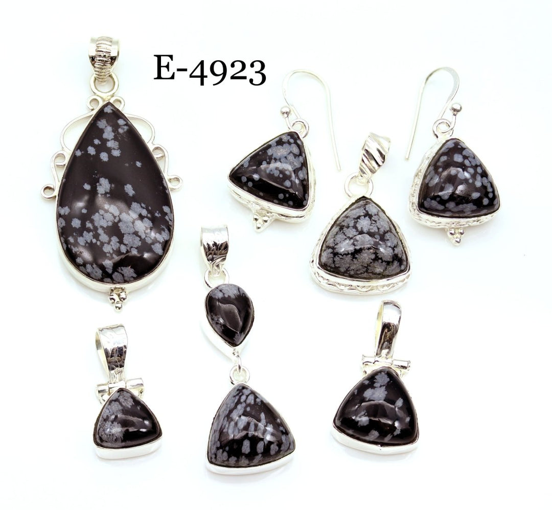 E-4923 Sterling Silver 925 Snowflake Obsidian Pendant/Earring Set