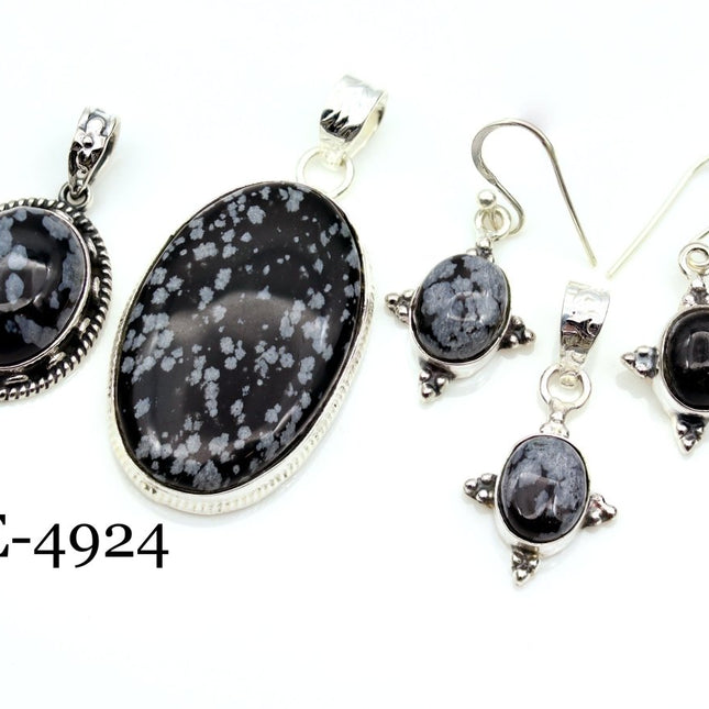 E-4924 Sterling Silver 925 Snowflake Obsidian Pendant/Earring Set - Crystal River Gems