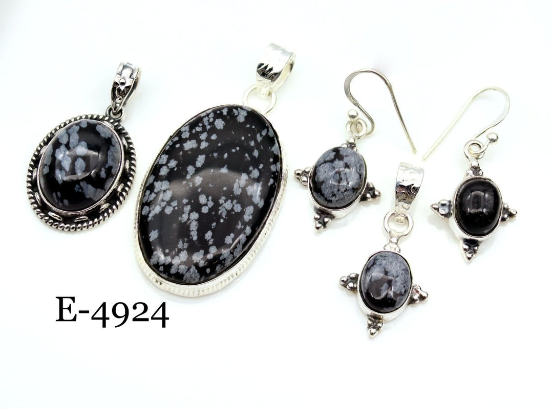 E-4924 Sterling Silver 925 Snowflake Obsidian Pendant/Earring Set