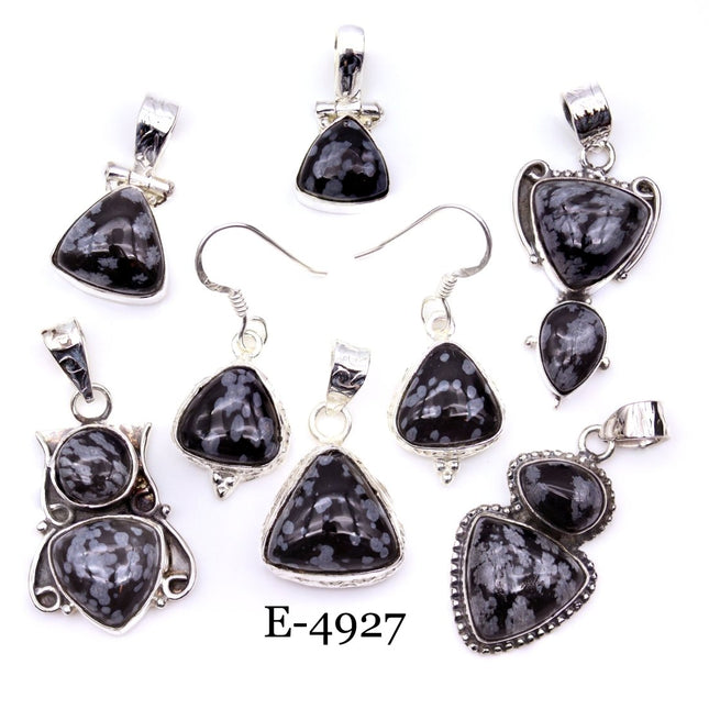 E-4927 Sterling Silver 925 Snowflake Obsidian Pendant/Earring Set - Crystal River Gems