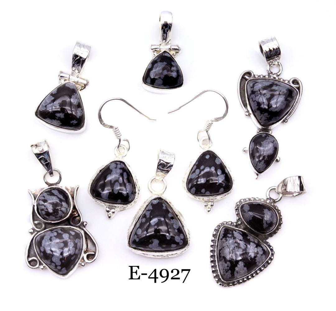 E-4927 Sterling Silver 925 Snowflake Obsidian Pendant/Earring Set