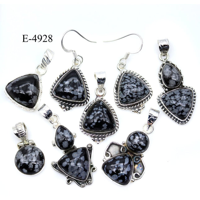 E-4928 Sterling Silver 925 Snowflake Obsidian Pendant/Earring Set - Crystal River Gems