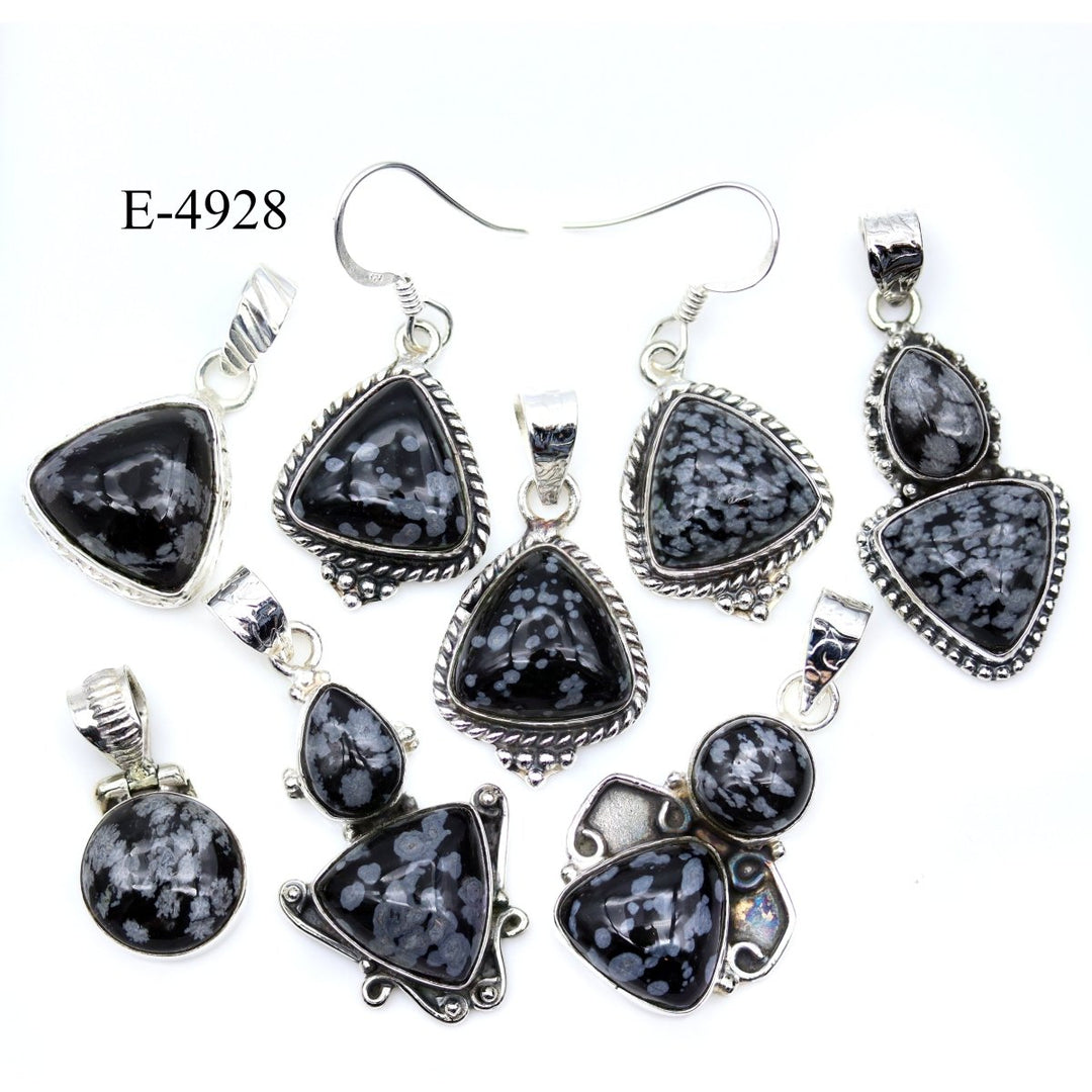 E-4928 Sterling Silver 925 Snowflake Obsidian Pendant/Earring Set