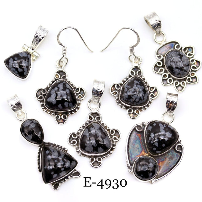 E-4930 Sterling Silver 925 Snowflake Obsidian Pendant/Earring Set - Crystal River Gems