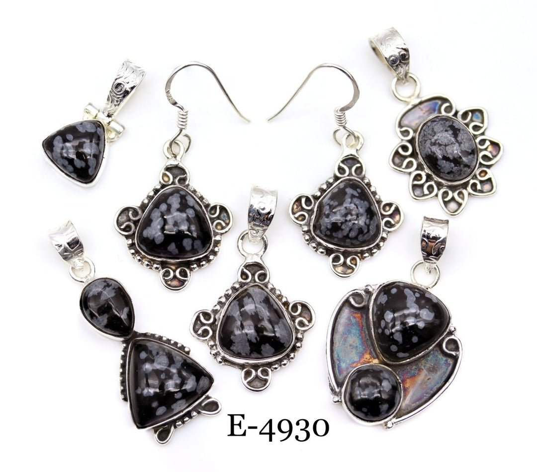 E-4930 Sterling Silver 925 Snowflake Obsidian Pendant/Earring Set