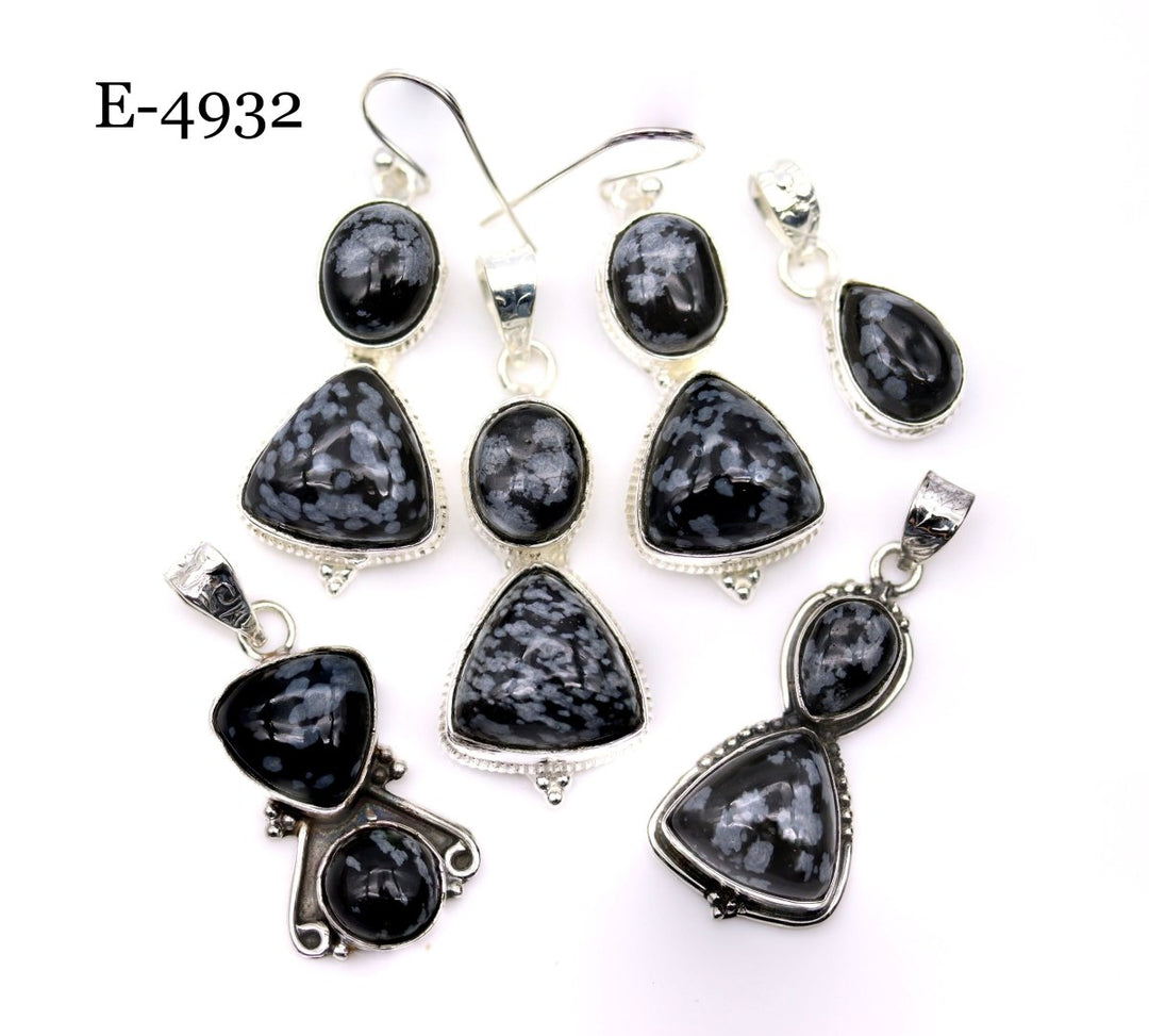 E-4932 Sterling Silver 925 Snowflake Obsidian Pendant/Earring Set