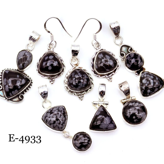 E-4933 Sterling Silver 925 Snowflake Obsidian Pendant/Earring Set - Crystal River Gems