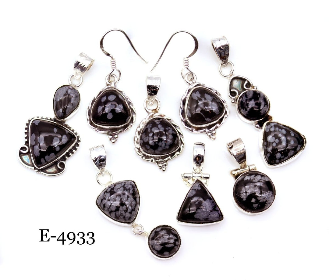 E-4933 Sterling Silver 925 Snowflake Obsidian Pendant/Earring Set