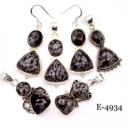 E-4934 Sterling Silver 925 Snowflake Obsidian Pendant/Earring Set - Crystal River Gems