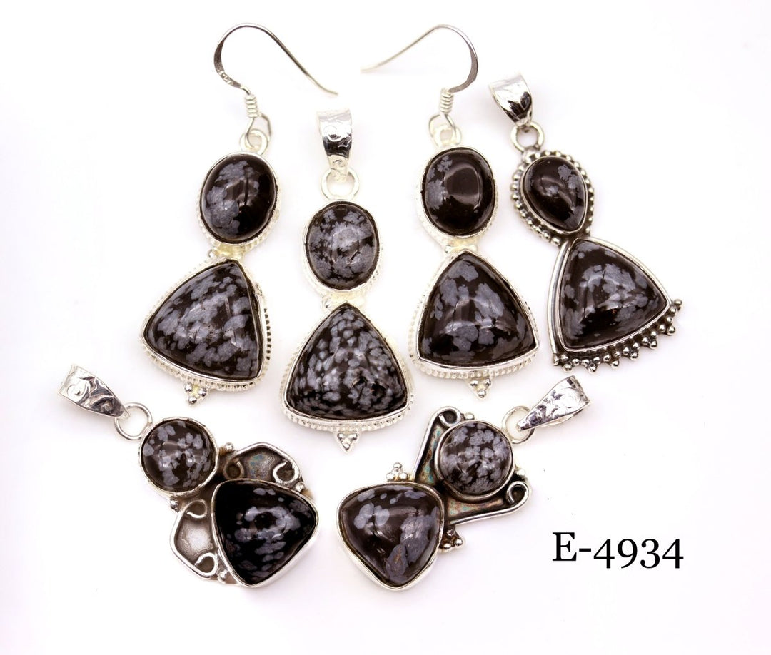 E-4934 Sterling Silver 925 Snowflake Obsidian Pendant/Earring Set