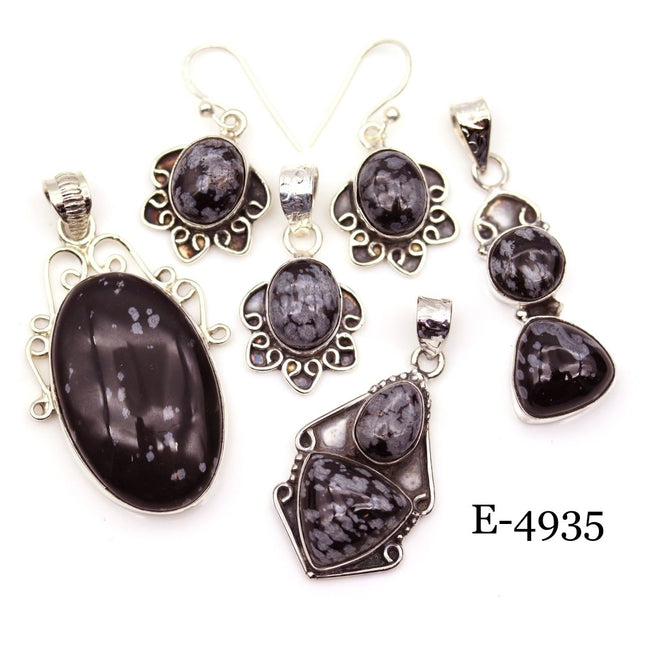 E-4935 Sterling Silver 925 Snowflake Obsidian Pendant/Earring Set - Crystal River Gems