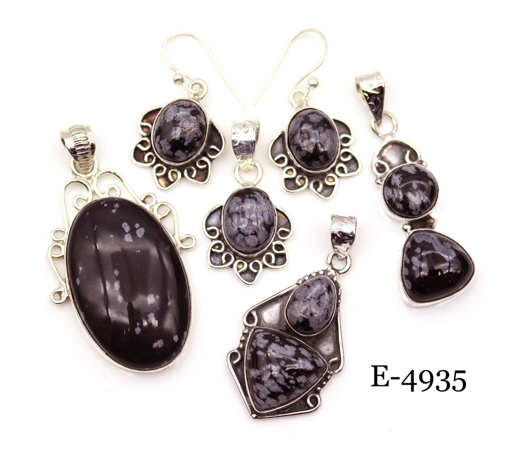 E-4935 Sterling Silver 925 Snowflake Obsidian Pendant/Earring Set